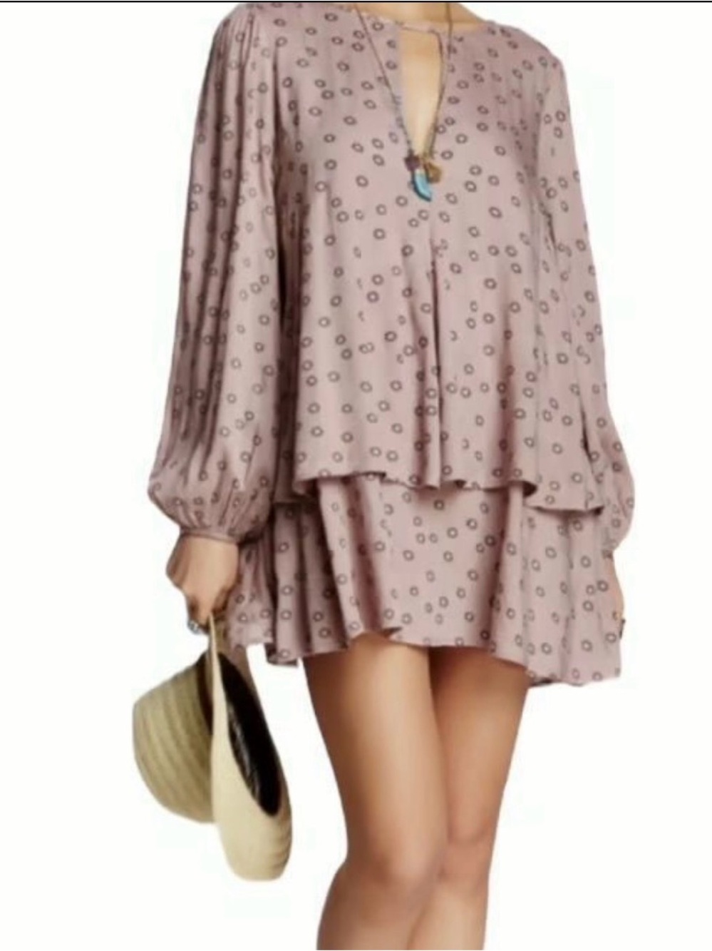 Free People Flowy Mauve Printed Tiered Long-Sleeve Dress